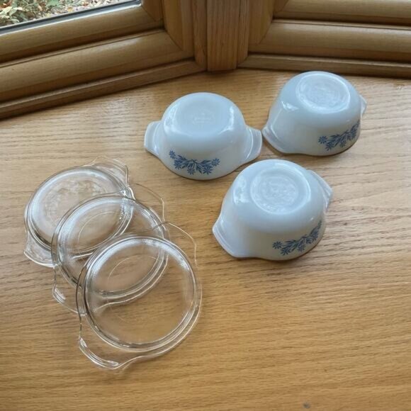 Three Vintage Fire King Blue Cornflower Mini Casserole Covered Dish 6 Oz - Picture 6 of 8